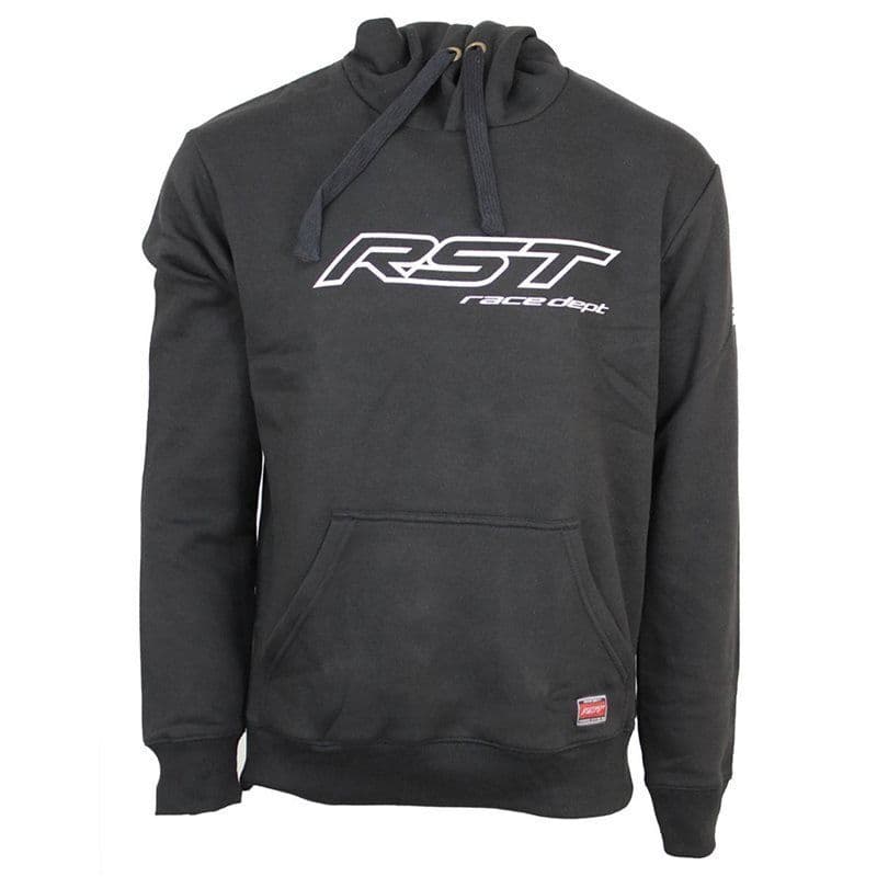 Black hoodie featuring the RST Race Dept logo in white, with a drawstring hood and a front kangaroo pocket, made from soft, comfortable material.