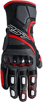 RST Fulcrum gloves in grey, red, and black, featuring perforated leather, carbon knuckle protection, and padded fingers, size 12.