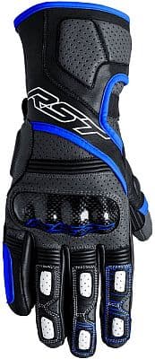 RST Fulcrum gloves in grey, blue, and black, featuring a textured leather finish, perforated panels for ventilation, and reinforced knuckles, sized 10.