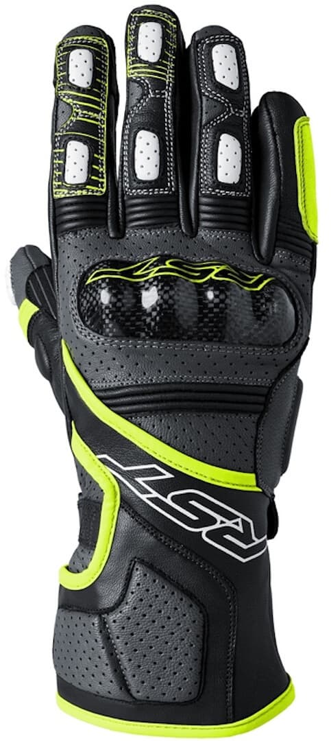 RST Fulcrum gloves in grey, neon yellow, and black feature a sleek design with carbon knuckle protection, perforated leather for breathability, and padded areas for comfort, size 9.