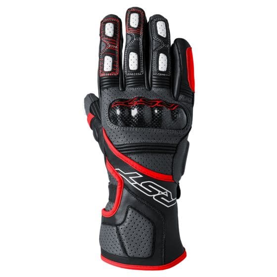 RST Fulcrum gloves in grey, red, and black, featuring a mix of leather and mesh material, with padded knuckles and reinforced palm for enhanced protection, size 9.