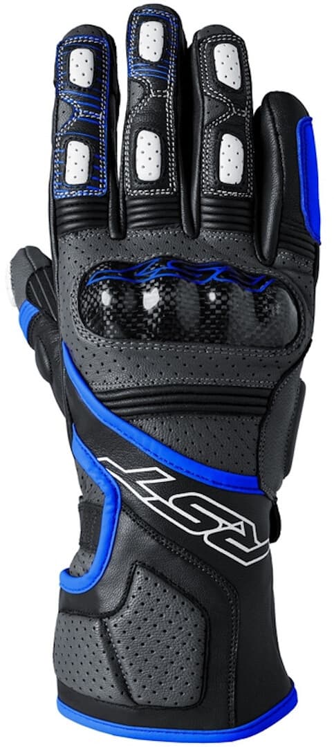 RST Fulcrum gloves in grey, blue, and black, featuring carbon knuckle protection, perforated leather for breathability, and a snug fit with reinforced palm areas.