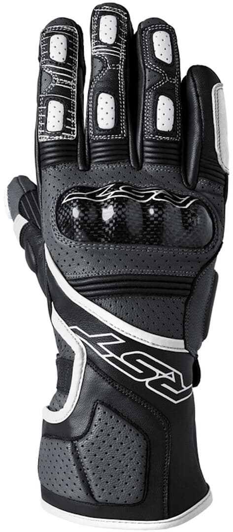 RST Fulcrum gloves in grey, white, and black, featuring a sleek design, carbon fiber knuckle protection, perforated leather for ventilation, and a comfortable fit in size 11.