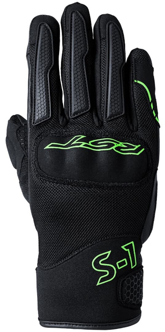 Black and neon-green RST S-1 Mesh gloves in size 8, featuring a textured grip, padded knuckles, and breathable mesh material for enhanced comfort and protection.