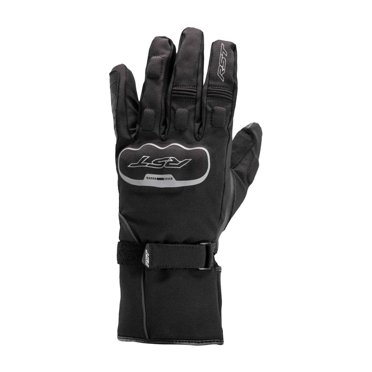 Black waterproof women's gloves by RST, featuring a snug fit, adjustable wrist strap, and reinforced fingertips for enhanced grip and protection. Size 6.
