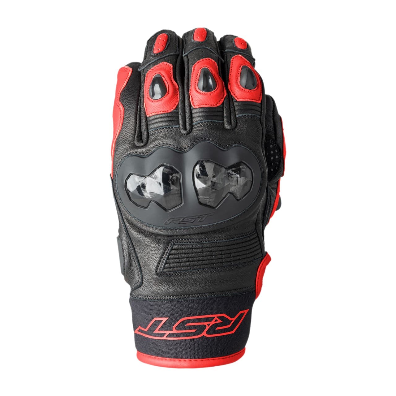 Black and red RST Freestyle 3 D3O gloves, size 9, featuring protective knuckle armor, padded palms, and a sleek design for enhanced grip and comfort.