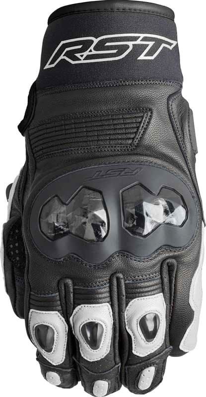 Black and white RST Freestyle 3 D3O gloves, size 7, featuring protective knuckle armor, leather material, and reinforced stitching for enhanced durability.