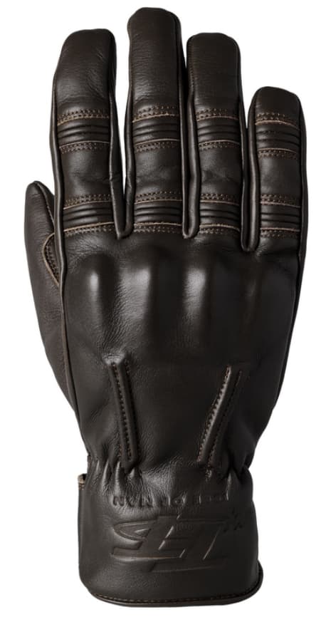 Dark brown leather gloves with stitched detailing, featuring a snug fit and reinforced palm, designed for motorcycle riding, size 8, by RST IOM TT Hillberry.
