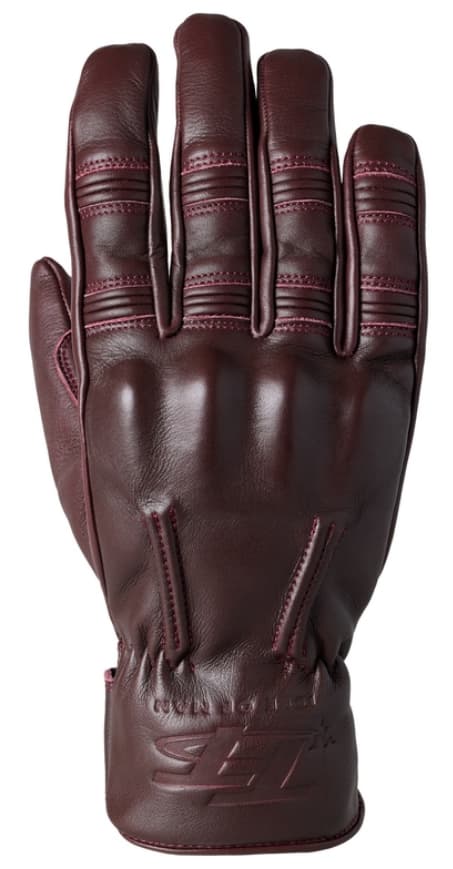 Dark red leather gloves with stitched detailing, featuring a snug fit and reinforced knuckles, designed for motorcycle riding, size 8, by RST IOM TT Hillberry.