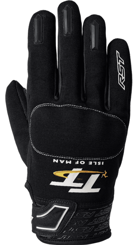 Black and white RST IOM TT Team Evo gloves in size 9, featuring a durable fabric, reinforced palm, and logo detailing, designed for motorcycle racing.