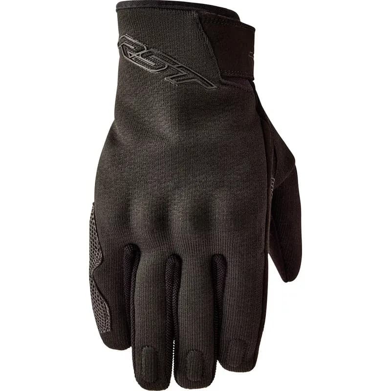 Zwarte leren motorhandschoenen voor dames, ontworpen voor de zomer, met ademende materialen en CE-certificering, voorzien van RST-logo op de bovenkant.