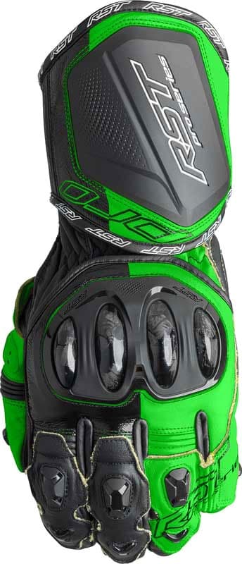 Neon green and black motorcycle gloves featuring protective knuckles, reinforced palms, and a sleek design, size 8, by RST Pro Series with D3O technology.