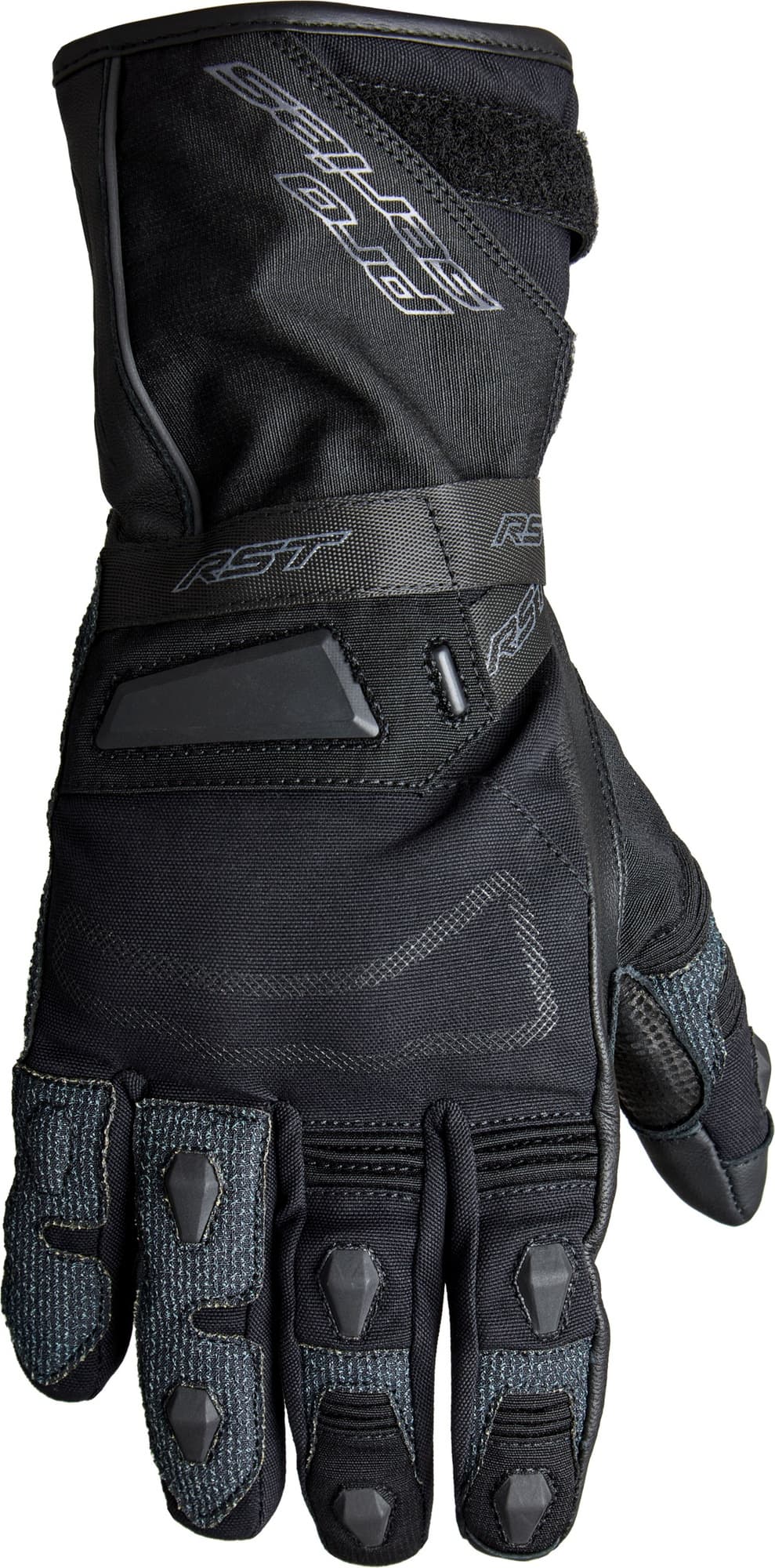 RST Pro Ranger waterproof gloves in black, featuring a textured grip, reinforced knuckles, and adjustable wrist closure, designed for durability and comfort in various conditions.