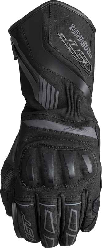 Black waterproof RST Pro Series Vega gloves in size 9, featuring a textured grip, reinforced knuckles, and adjustable wrist closure for enhanced protection and comfort.