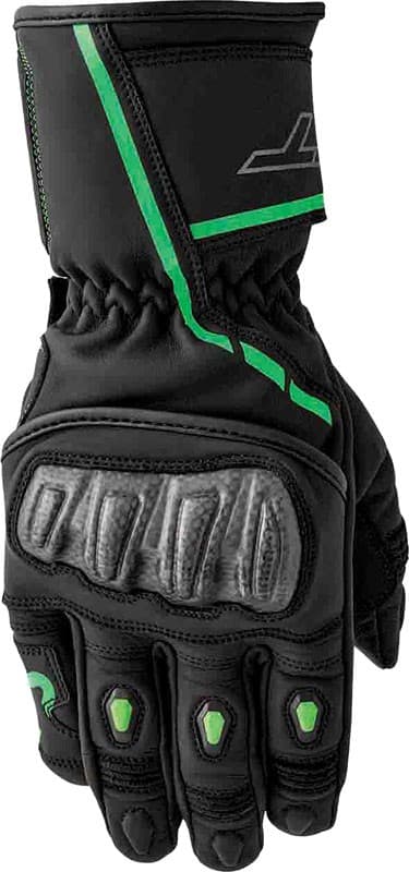 Black and neon-green RST S1 gloves in size 9, featuring padded knuckles, a sleek design, and reinforced palms for enhanced grip and protection.