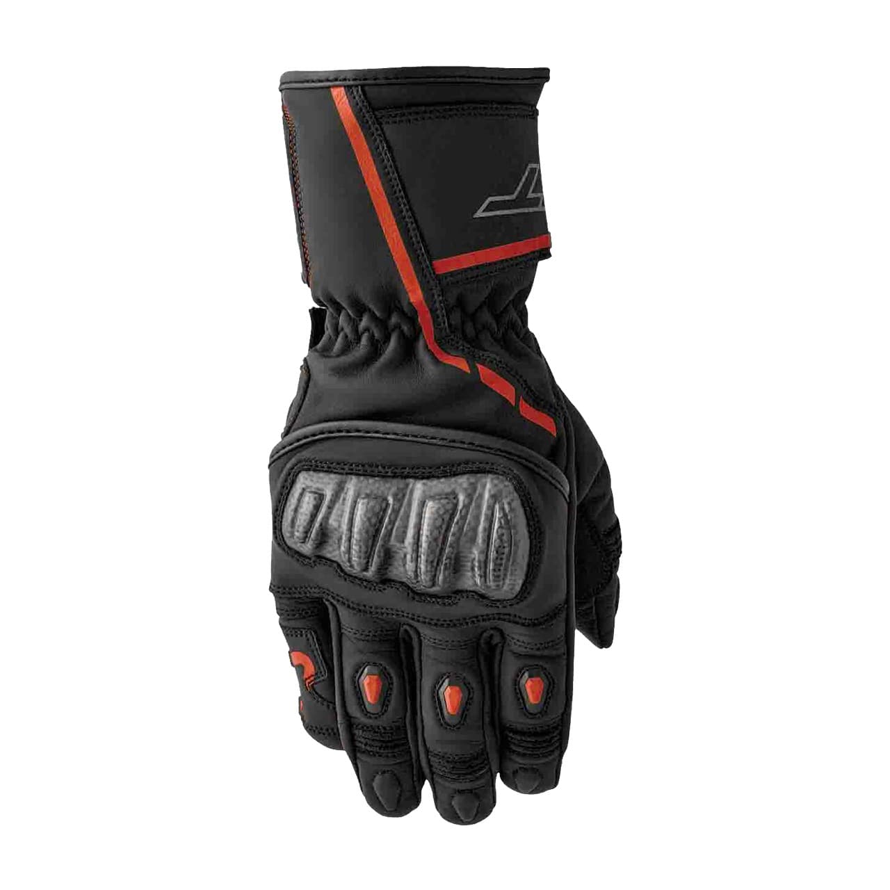 Black and red RST S1 gloves in size 8, featuring a padded knuckle area, reinforced palm, and adjustable wrist closure for enhanced grip and protection.