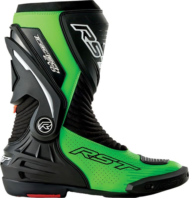 Black and neon green perforated RST TracTech Evo D3O boots, featuring a sleek design, reinforced toe, and ankle protection, size 46 EU.