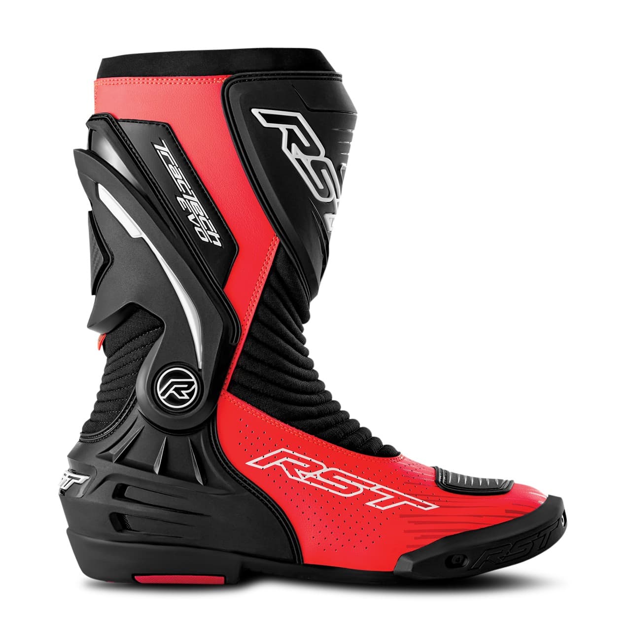 RST TracTech Evo D3O boots in black and neon-red, featuring a perforated design, sleek contours, and a high-top silhouette for enhanced protection and style.