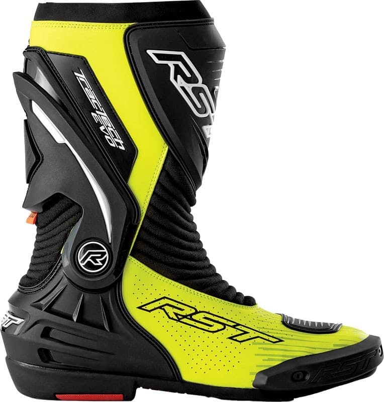 Black and neon-yellow perforated motorcycle boots featuring a sleek design, reinforced ankle protection, and a textured sole, size 47 EU by RST.