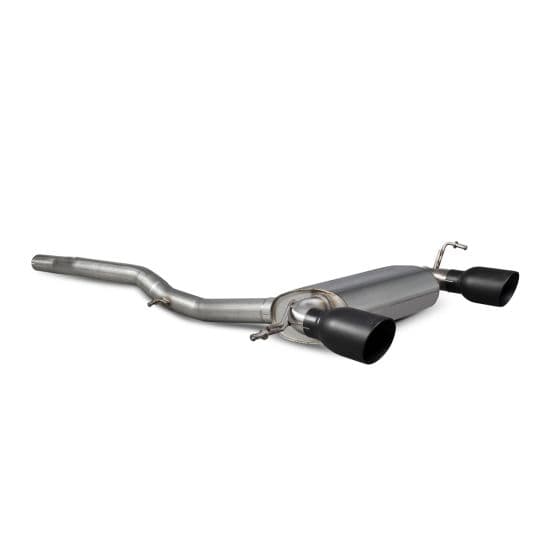 Scorpion 2.75" cat back exhaust system features a stainless steel design with two 100mm round ceramic black tailpipes for enhanced performance and style.