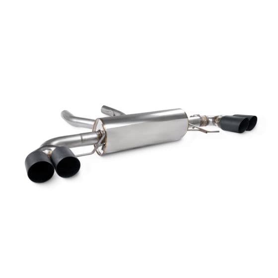 Scorpion non-resonated 2.75" GPF back exhaust system featuring a polished stainless steel body and two 90mm round ceramic black tailpipes.
