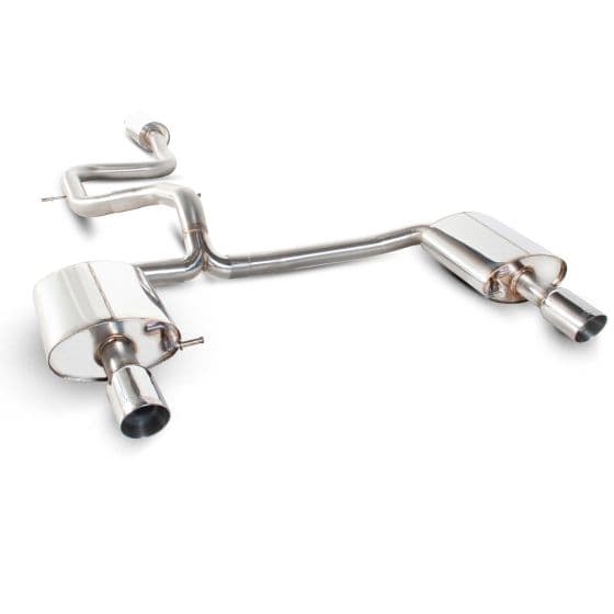 Scorpion 2.75" cat back exhaust system featuring polished stainless steel construction, with two 90mm round Daytona tailpipes and a sleek, curved design.