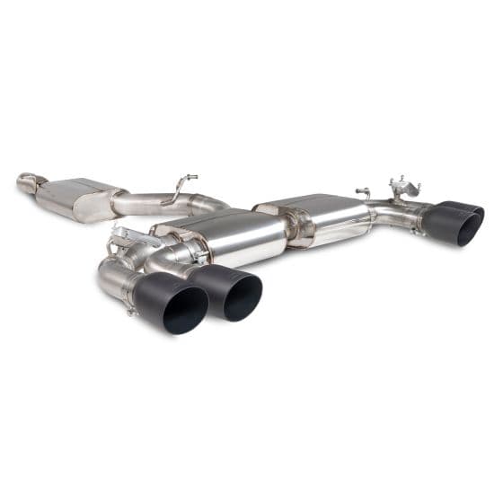 Scorpion Resonated 3.15" GPF Back Exhaust System featuring a polished stainless steel body and four 4-inch round Daytona ceramic black tailpipes.