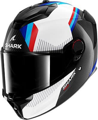 Full face helmet in black, white, blue, and red, featuring a sleek carbon design, visor, and Shark branding, size XXL.