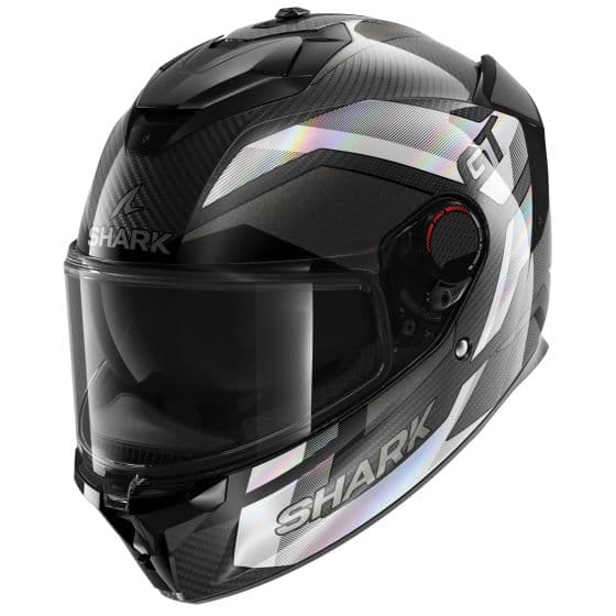 Black and dark grey full face helmet with silver accents, made of carbon, featuring a clear visor and adjustable ventilation, size M, by Shark Spartan GT Pro.