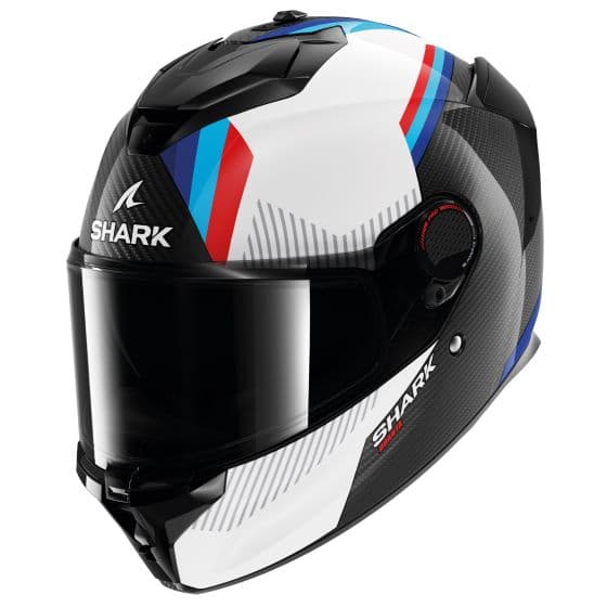 Full face helmet in black, white, blue, and red, featuring a carbon fiber design, aerodynamic shape, and a clear visor, size XS by Shark Spartan GT Pro Dokhta.