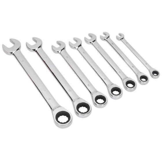 Seven-piece metric ratchet combination spanner set in polished chrome finish, featuring both open-end and ratchet designs for versatile use.