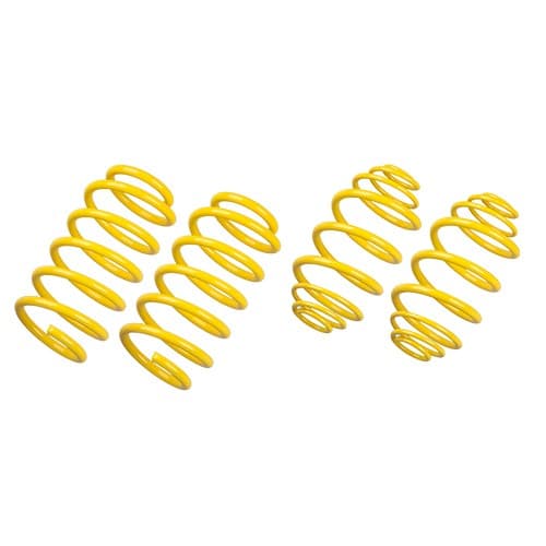 Bright yellow lowering springs designed for sports suspension, featuring a coil design with varying diameters for front and rear adjustments.