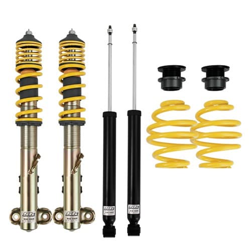 ST Suspension ST XA Coilover Kit featuring yellow springs, metallic silver shock bodies, black dampers, and adjustable height components for lowering vehicles by 30-60mm.