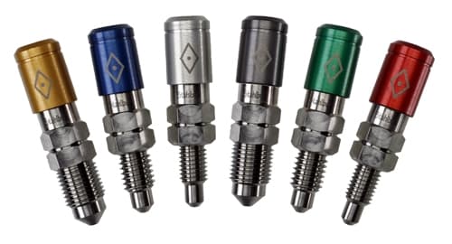Stahlbus Speed Bleeder Valves in blue, gold, silver, red, and green, featuring M8 x 1.00 threads and 16mm thread lengths, displayed in a pack of four.