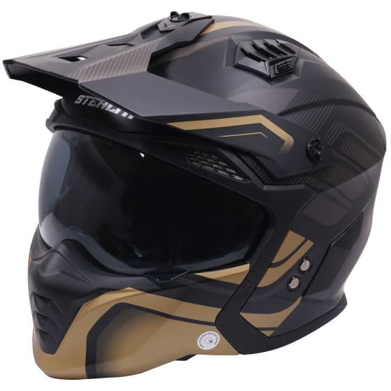 Stealth Fighter Multi Function Convertible Helmet in black with matte gold accents, featuring a sleek design, tinted visor, and adjustable visor peak.