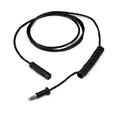 Black 1.5 meter coiled extension cable with a 3.5mm male connector on one end and a female connector on the other, designed for audio devices.