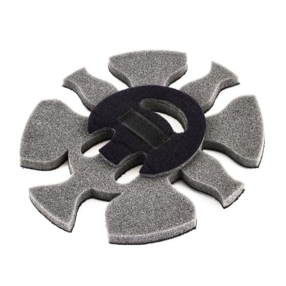 Gray foam crown pad with a central black Velcro strap, designed for ST5 helmets, featuring a flower-like shape with cutouts for comfort and fit.