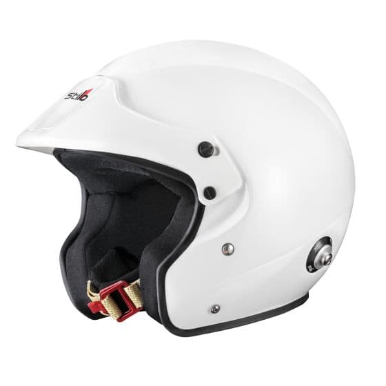 White Stilo Sport Jet Helmet in size XS (54cm) features a sleek design, padded interior, and a secure chin strap, ideal for motorsport enthusiasts.