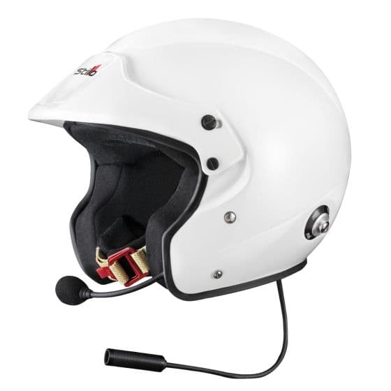 White Stilo Sport Plus Rally Helmet in size XS (54cm) with a sleek design, padded interior, and integrated microphone for communication.