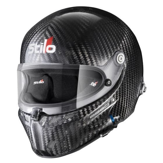 Carbon fiber racing helmet in black with a clear visor, featuring the Stilo logo in red, designed for size XS (54cm) with ventilation and safety features.
