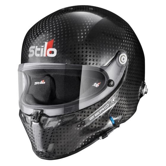 Black carbon fiber helmet with a sleek design, featuring a clear visor, Stilo logo, and ventilation ports, sized M (57cm).
