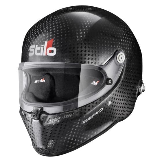 Stilo ST6 FN Zero Carbon Helmet in sleek black carbon fiber with a clear visor, featuring ventilation holes and the Stilo logo prominently displayed. Size XXL (63cm).