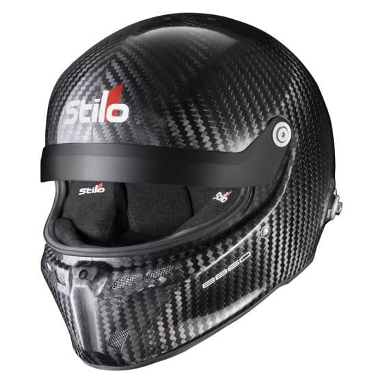 Black carbon fiber helmet with a sleek design, featuring a tinted visor and Stilo branding, designed for motorsport, size M (57cm).