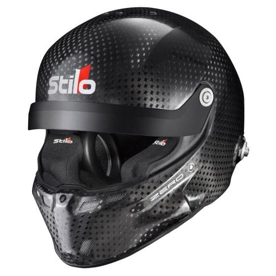 Black carbon fiber rally helmet with a matte finish, featuring a large visor, padded interior, and the Stilo logo prominently displayed in red and white. Size L (58cm).