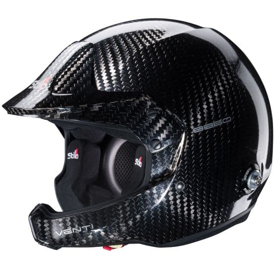 Black carbon fiber helmet with a glossy finish, featuring ventilation ports, padded interior, and adjustable chin strap, labeled "Stilo Venti WRC 8860" and size "L (59cm)."
