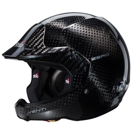 Stilo Venti WRC Zero 8860 carbon helmet in black with a glossy finish, featuring ventilation ports, a sleek design, and a comfortable interior padding for rally use.