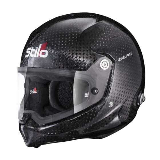 Black carbon fiber Stilo Venti WRX Dirt Zero 8860 helmet with a clear visor, featuring a sleek design and padded interior, size M (58cm), and Stilo branding on the front.