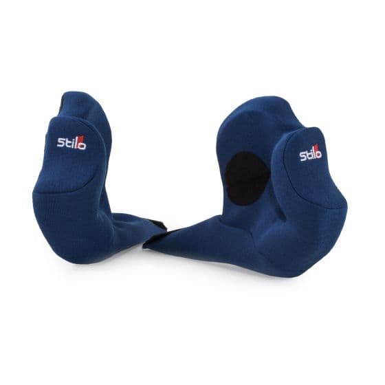 Black Stilo WRC DES helmet cheek pads with a soft fabric exterior, designed for comfort and support, featuring a contoured shape for a secure fit.
