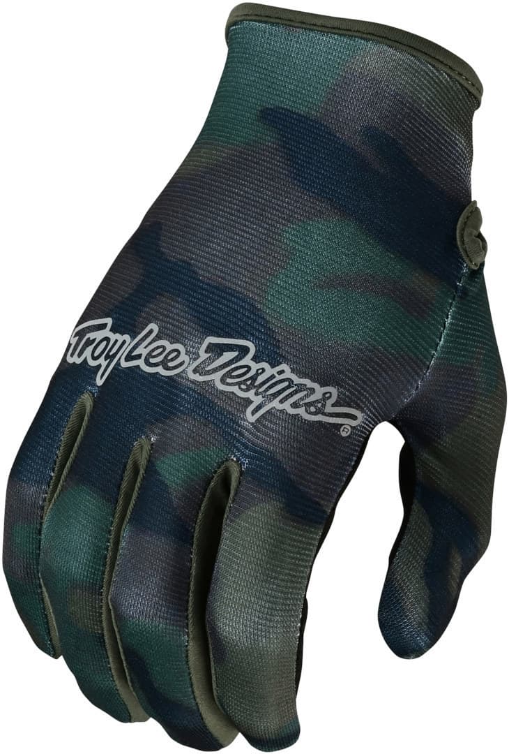 Brushed camo army textile gloves in shades of green and navy, featuring a snug fit and the Troy Lee Designs logo prominently displayed on the wrist.