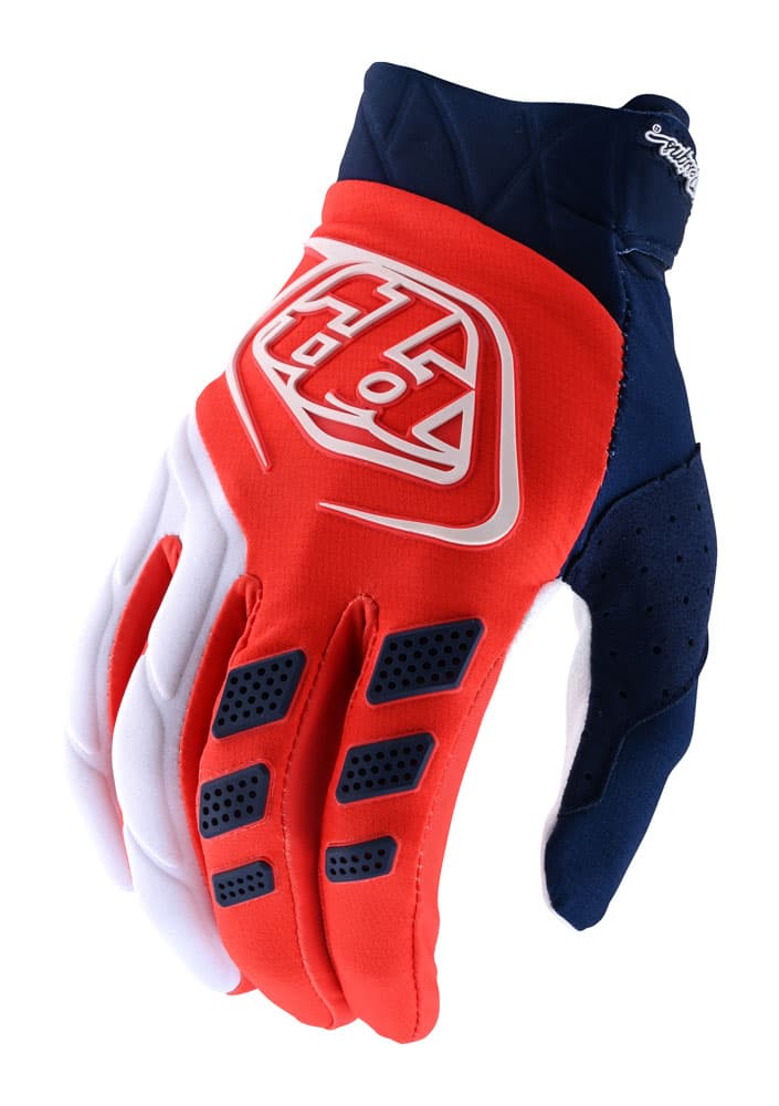Orange and navy textile gloves with a padded palm, breathable mesh, and a prominent white logo on the back, designed for comfort and grip in outdoor activities.